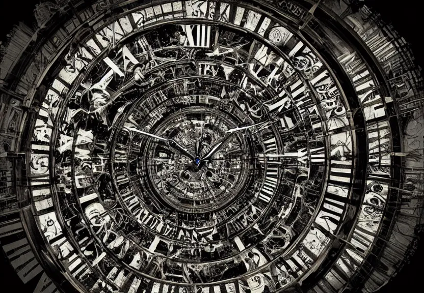 Image similar to a ultra realistic hyper realistic underexposed film photograph of an intricate multidimensional clock