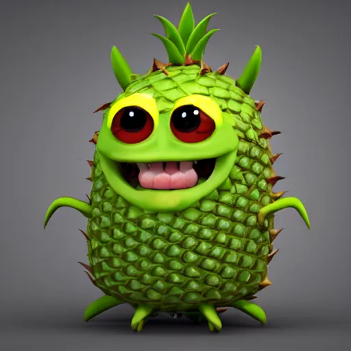 Prompt: cute anthropomorphic happy pineapple monster with big teeth and big eyes detailed character concept 3 d pixar style render 4 k