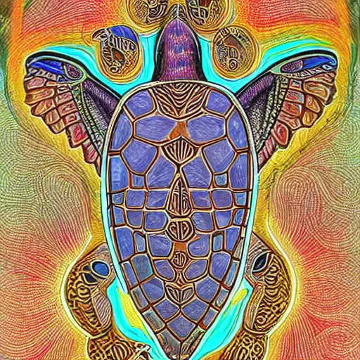 Prompt: turtle sparrow crystal apotheosis, in the style of alex grey and maxfield parish,