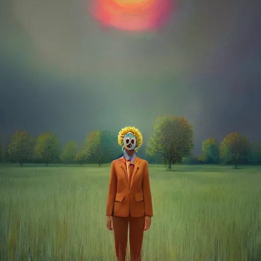 Image similar to huge daisy flower head, frontal, a girl in a suit, surreal photography, sunrise, dramatic light, impressionist painting, digital painting, artstation, simon stalenhag