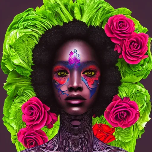 Prompt: the anatomy of a head of lettuce with roses that resemble a beautiful young black woman looking up, an ultrafine detailed illustration by james jean, intricate linework, bright colors, final fantasy, behance contest winner, vanitas, angular, altermodern, unreal engine 5 highly rendered, global illumination, radiant light, detailed and intricate environment