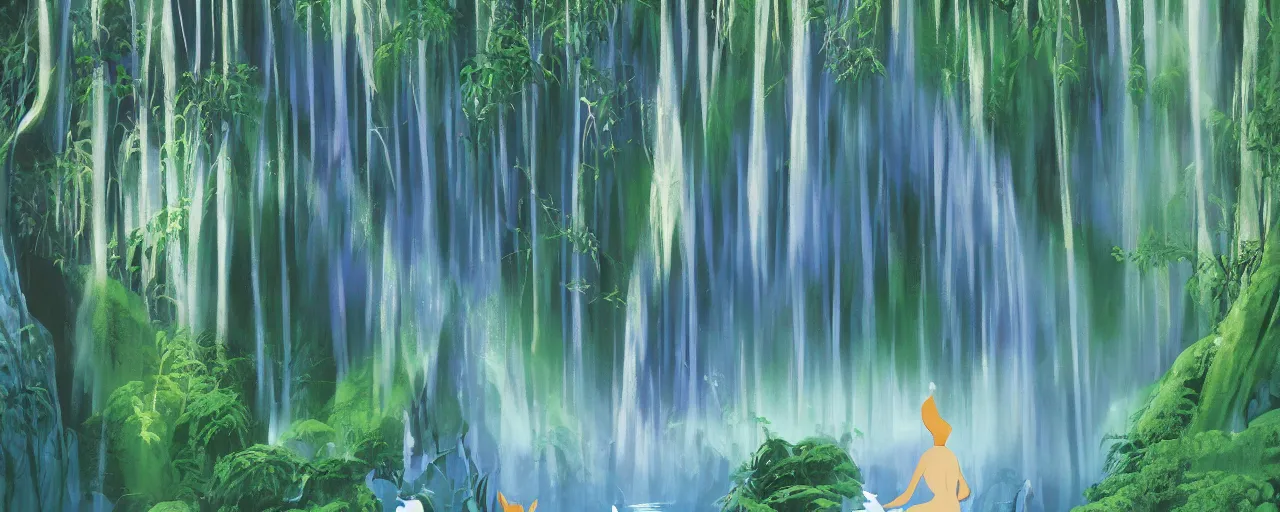 Image similar to deep forest, rainbow river waterfall, light shimmering, water mists, subtle color variantions, summer rain, gentle mists, a white robed benevolent magician clothed in a royal garment in contemplation and meditation casts a benevolent white magic spell, by Eyvind Earle and Mary Blair