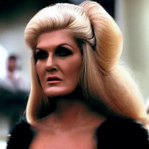 Prompt: An HD photo of a Yautja with Dusty Springfield hair. Predator late 1960s blonde beehive bouffant with long, loose curls. Predator 2 (1990).