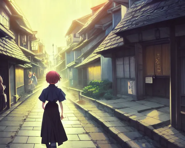 Prompt: key anime visual portrait of a young female witch walking through a busy village, ilya kuvshinov, dynamic pose, dynamic perspective, cinematic, dramatic lighting, muted colors, detailed silhouette, textured, anime proportions, kyoto animation, haibane renmei