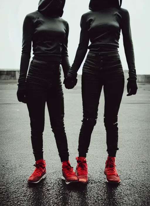 Image similar to cinestill 5 0 d photographic portrait of 2 women holding hands, wearing black techwear in front of a brutalist brushed metal building, closeup, on a desolate plain with a red sky, dystopia, cyberpunk, closeup, depth of field, 4 k, 8 k, hd, full color