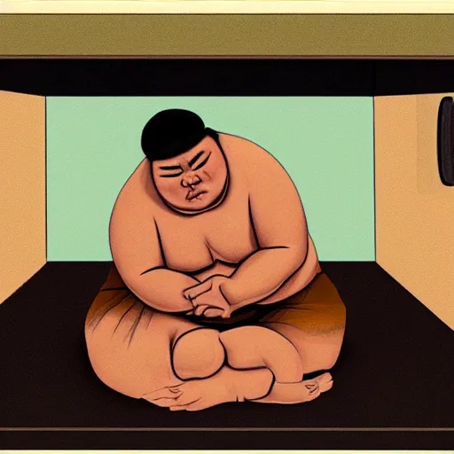 Image similar to painting of a sumo wrestler trapped inside of a microwave