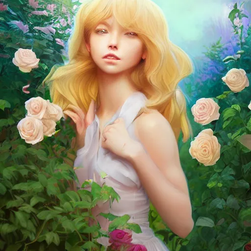 Image similar to the little prince standing in a garden of roses, blond hair, gorgeous, amazing, elegant, intricate, highly detailed, digital painting, artstation, concept art, sharp focus, illustration, art by ross tran