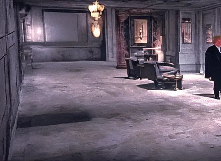 Image similar to screenshot from moody scene of Donald Trump in a lair, scene from the film Batman and Rob 1997 film directed by Joel Shoemacher, kodak film stock, anamorphic lens, 4K, detailed set design, stunning cinematography