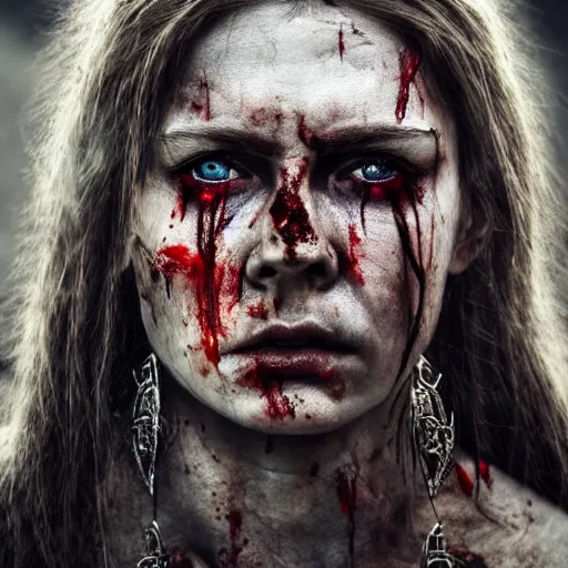 Prompt: Ultrawide realistic photo of a bloody fierce viking woman, injured, battle-scarred mind-blowing details, hyperrealism, highly detailed face, ethereal, sadness, luxury, ominous, scarred, highly detailed, viking attire, cinematic, 16k, 1080s, smooth, sharp focus, by Stanley Artgermm, WLOP, trending on DeviantArt, trending on ArtStation, digital art, Smooth gradients, depth of field, shot on Canon Camera