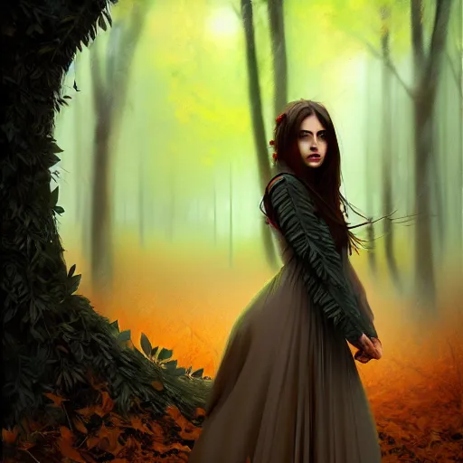 Image similar to a pretty girl clothed in leaves, surrounded by wolves digital painting, photorealistic, in the style of greg rutkowski, full body, detailed face