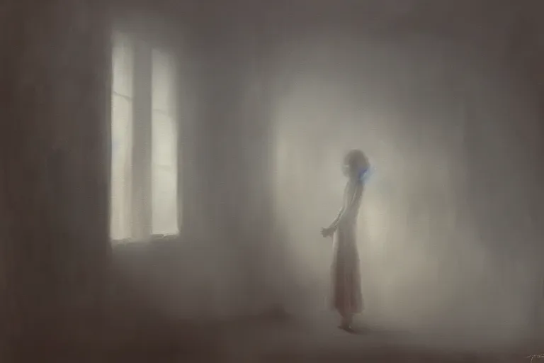 Image similar to a painting of a possessed woman in a foggy room by jama jurabaev, cinematic shot, trending on artstation, high quality, ultra realistic