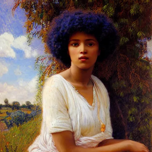 Image similar to east african woman with curly hair, simple background, fedosenko roman, j. w. godward, jose miguel roman frances, intricate details, countryside, dreamy, impressionist, figurative