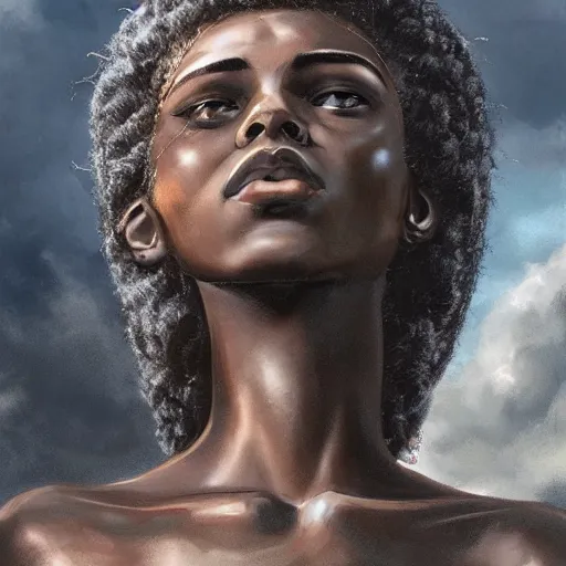 Prompt: a colossal goddess is watching us from above, creative, brown skin, giant, digital art, highly detailed, photo manipulation, dark clouds, covered in clouds, covered by clouds, dark gray hair, digital painting, artstation