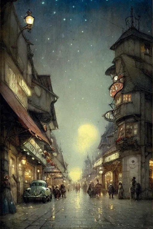 Image similar to (((((1950s fairy tale city at night . muted colors.))))) by Jean-Baptiste Monge !!!!!!!!!!!!!!!!!!!!!!!!!!!