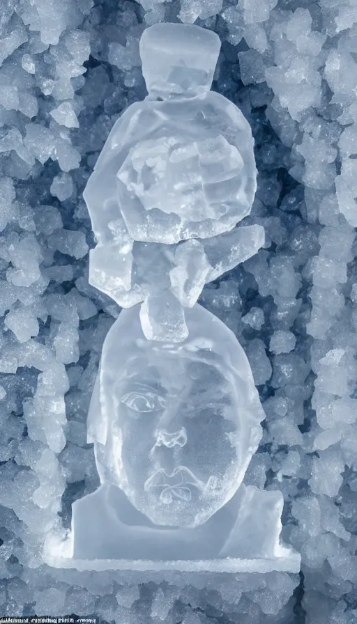 Image similar to the rapper'ice cube'carved out of ice, lit from bottom, full body, wide angle photo, award winning