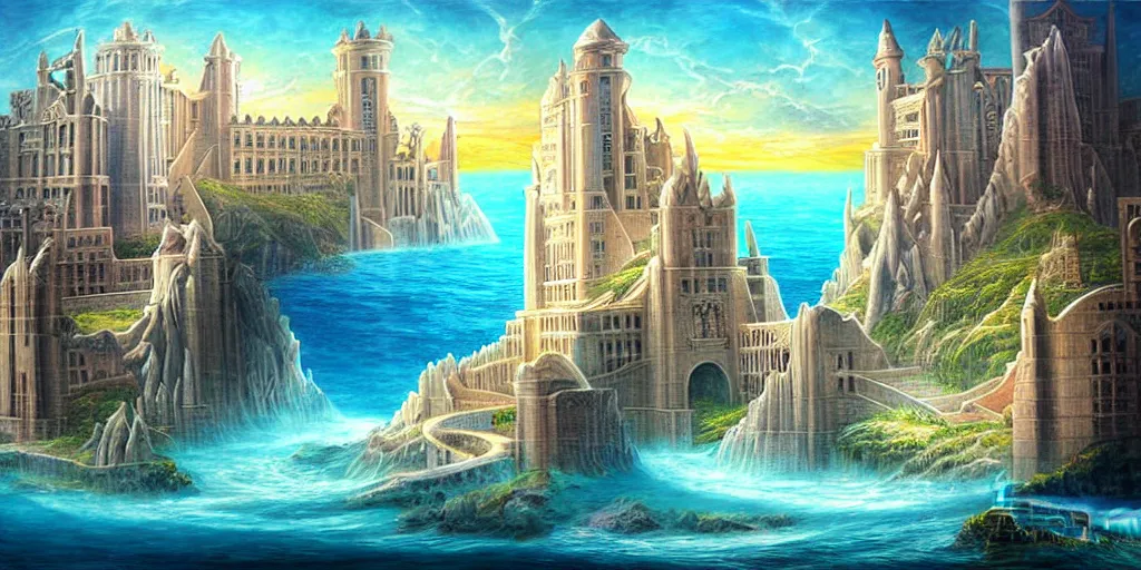 Prompt: atlantis architectural marvels, realistic fantasy art painting