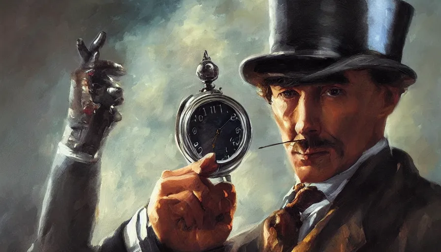 Prompt: sherlock holmes, time, clock, oil painting by jama jurabaev, brush hard, artstation, for aaa game, high quality, brush stroke