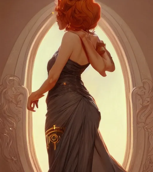 Image similar to julia fox wearing a golden dress, grey hair, red necktie, cinematic, stunning, highly detailed, digital painting, artstation, smooth, hard focus, full body shot, illustration, art by artgerm and greg rutkowski and alphonse mucha