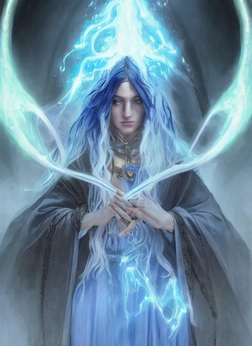 Image similar to medium - length portrait of a wizard, arcane sigils hovering over her hands, with long white hair and glowing blue eyes, dark brown skin, stern expression, wears a long robe, medieval setting, dramatic pose, highly detailed, digital painting, artstation, concept art, sharp focus, illustration, art by greg rutkowski and alphonse mucha