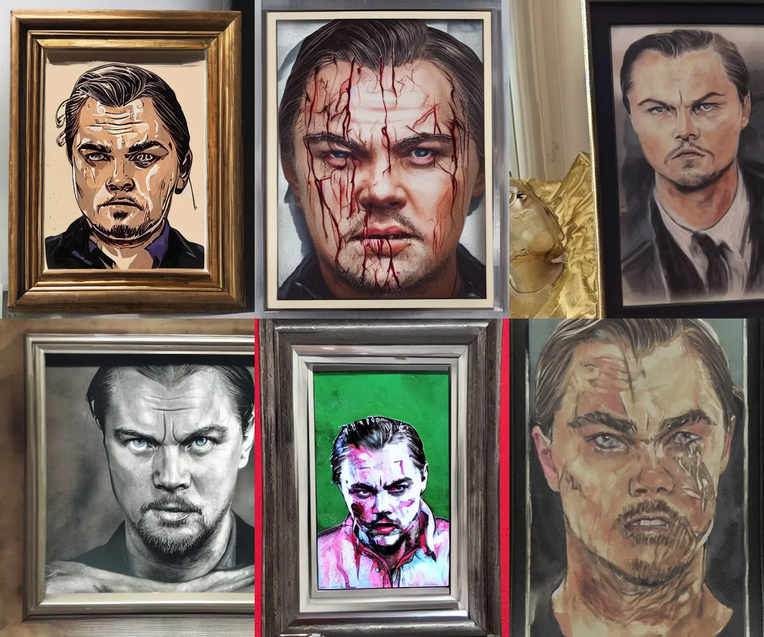 Prompt: framed portrait of zombie Leonardo dicaprio