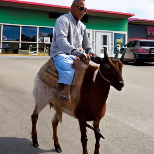 Prompt: Photo of Gus Fring riding his pet goat through the McDonald's drive thru, taken with Canon EOS 5D.