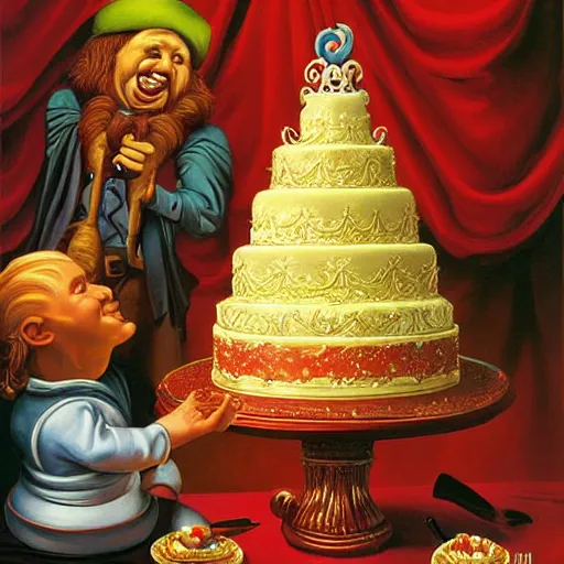 Prompt: baroque birthday cake painting by greg hildebrandt