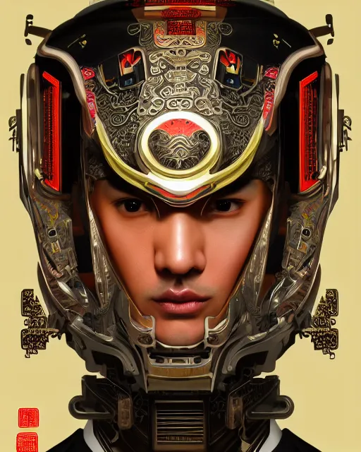 Image similar to portrait of a masculine male cyberpunk machine, machine face, upper half portrait, decorated with chinese opera motifs, asian, fine china, wuxia, traditional chinese art, intricate, elegant, highly detailed, symmetry, headpiece, digital painting, artstation concept art smooth sharp focus, illustration, art by artgerm and greg rutkowski alphonse mucha 8 k