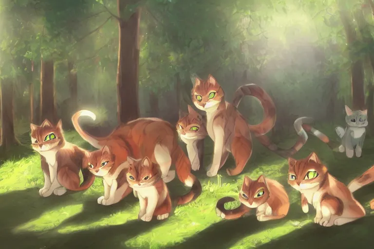 Prompt: a group of cats in the forest, trending on artstation, trending on furaffinity, digital art, by kawacy, anime, furry art, warm light, backlighting, cartoon, concept art