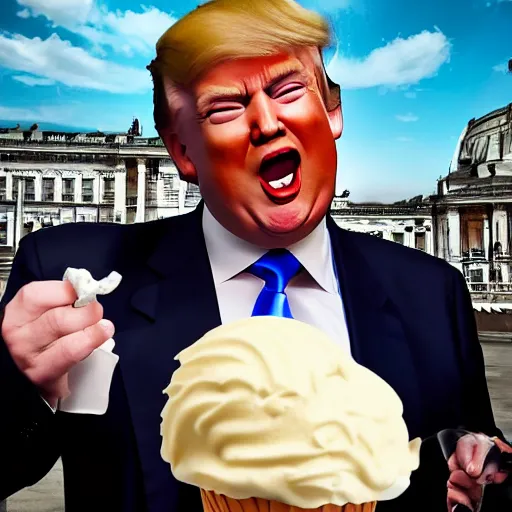 Image similar to Donald Trump eating a 99 flake ice cream, realistic artstyle, wide shot, dramatic lighting, octane render, hyperrealistic, high quality, highly detailed, HD, beautiful, cinematic, 8k, unreal engine, facial accuracy, symmetrical