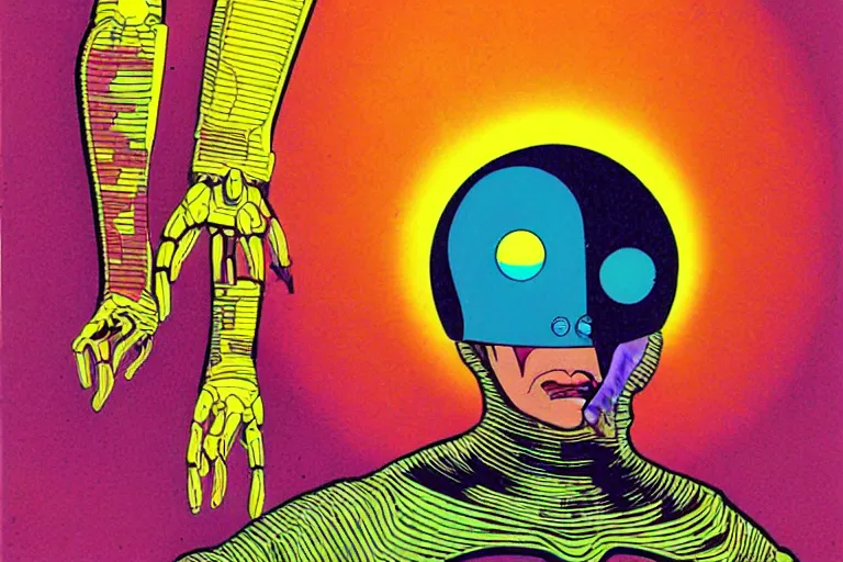 Image similar to a scifi illustration of a psychedelic cyborg flat colors, limited palette in FANTASTIC PLANET La planète sauvage animation by René Laloux