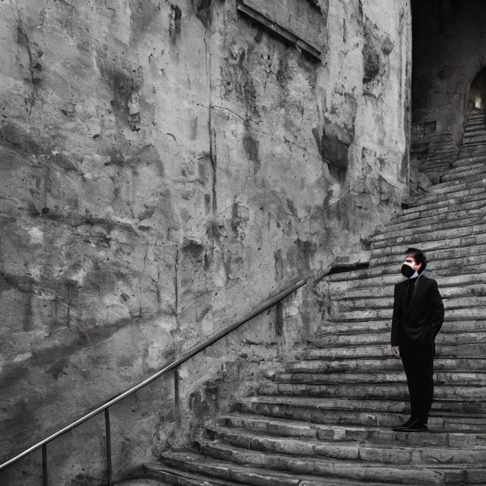 Image similar to cinematic movie, background is castle and steps, with a man wearing a silver melt mask, silver wavy long hair, black suit, 4 k