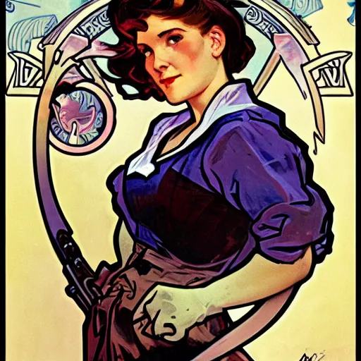 Image similar to a portrait of Rosie the riveter by Alphonse Mucha, art nouveau card, concept art, wlop, trending on artstation, 8k