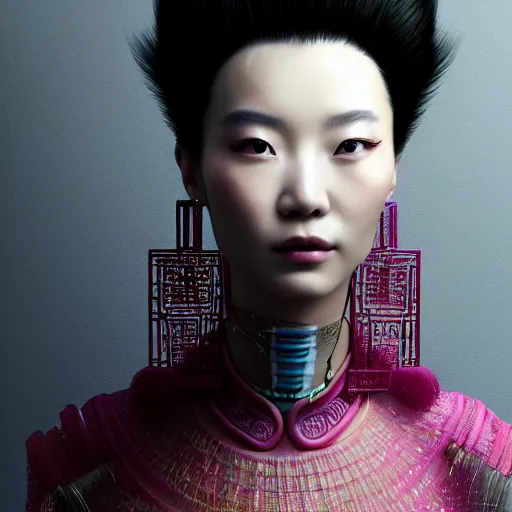 Prompt: closeup portrait of an absurdly beautiful, graceful, sophisticated, fashionable cyberpunk chinese woman, cunning queen, loved by her people, an ultrafine hyperdetailed illustration by irakli nadar, matt wisniewski style, intricate linework, porcelain skin, unreal engine 5 highly rendered, global illumination, radiant light, detailed and intricate environment