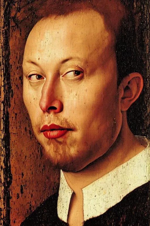 Image similar to renaissance 1 6 0 0 portrait of elon musk, oil painting by jan van eyck, northern renaissance art, oil on canvas, wet - on - wet technique, realistic, expressive emotions, intricate textures, illusionistic detail