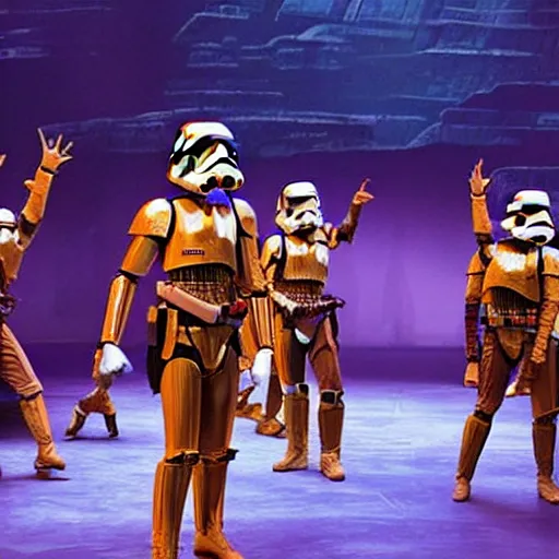 Prompt: Production photo of Star wars the musical on broadway, dancing, star wars costumes by Julie Taymor, set design by Julie Taymor