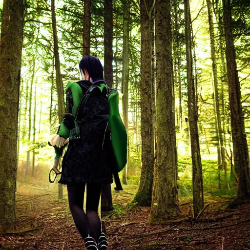 Image similar to young lady with green and black hair wearing black military style clothing backpack long sword glow misty forest rendered