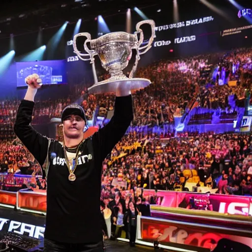 Image similar to Dwight Shrute winning a major E-Sports CS:GO tournament in a stadium in front of a crowd, lifting the trophy, 4k image