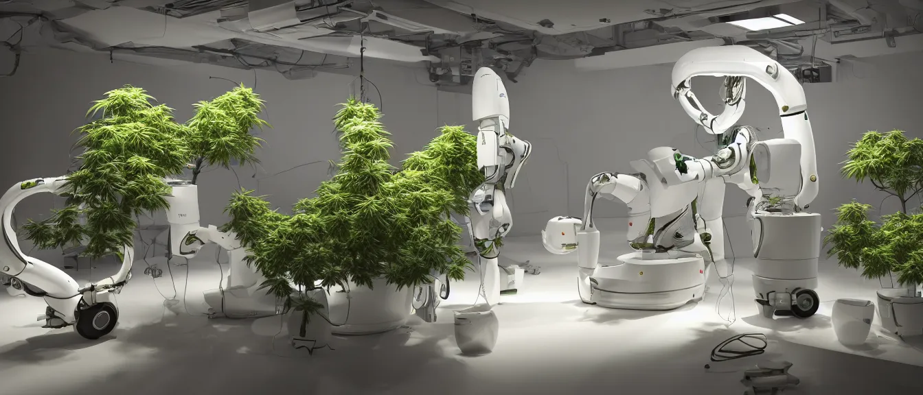 Prompt: three large white glossy kuka industrial robot harvesting a cannabis micro growery inside a fancy living room with retro modern furniture and decor, global illumination, artstation, fantasy, volumetric light