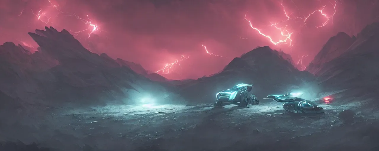 Prompt: an image of an alien vehicle in the night on a mountain with red headlights on by Paul Chadeisson, atmospherical, heavy storm, lightnings , concept art, high detail, intimidating , cinematic, Artstation trending, octane render