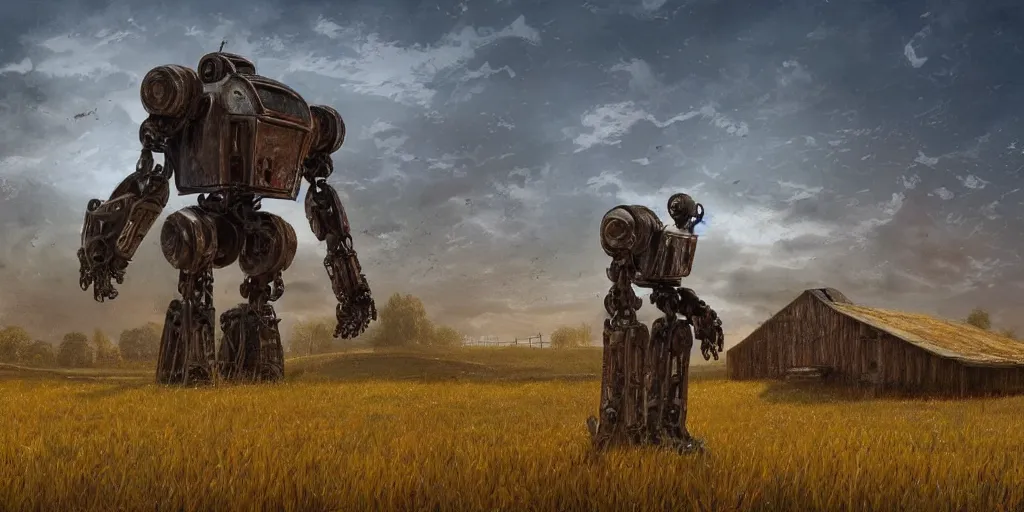 Prompt: a single colossal rusty old robot sad and alone in an empty field in the countryside with a barn on a bright sunny day by mike allred and moebius and karol bak sharp digital painting. dreaming latent space. matte painting, concept art. artstation. digital render. realistic, 8 k