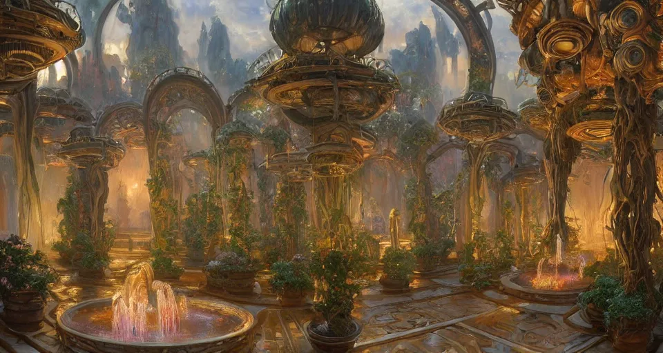 Prompt: an oil painting by donato giancola, warm coloured, cinematic scifi luxurious futuristic foggy biomechanical victorian garden circular courtyard with bulbous alien floral fungi cactus growing out of pretty ceramic baroque fountains, gigantic pillars and flowers, beeple, halo, star wars, ilm, star citizen, halo, mass effect, artstation, atmospheric perspective