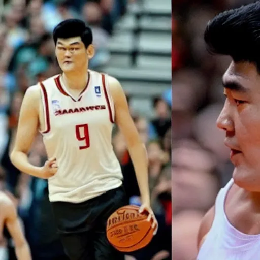 Image similar to yaoming is taking up earth as a basketball