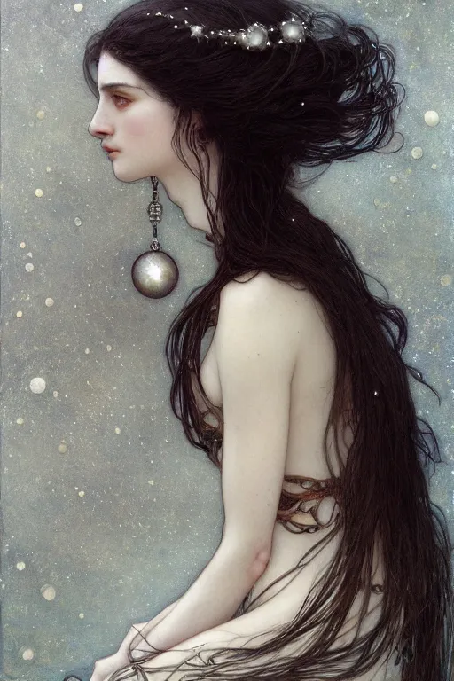 Image similar to thin goddess of moon, long dark hair, sad eyes, pale skin, silver and pearl jewelry, fantasy, intricate, highly detailed, digital painting, artstation, concept art, smooth, sharp focus, art by art by Artem Demura and Alphonse Mucha, ArtGerm, valentina remenar, ruan jia