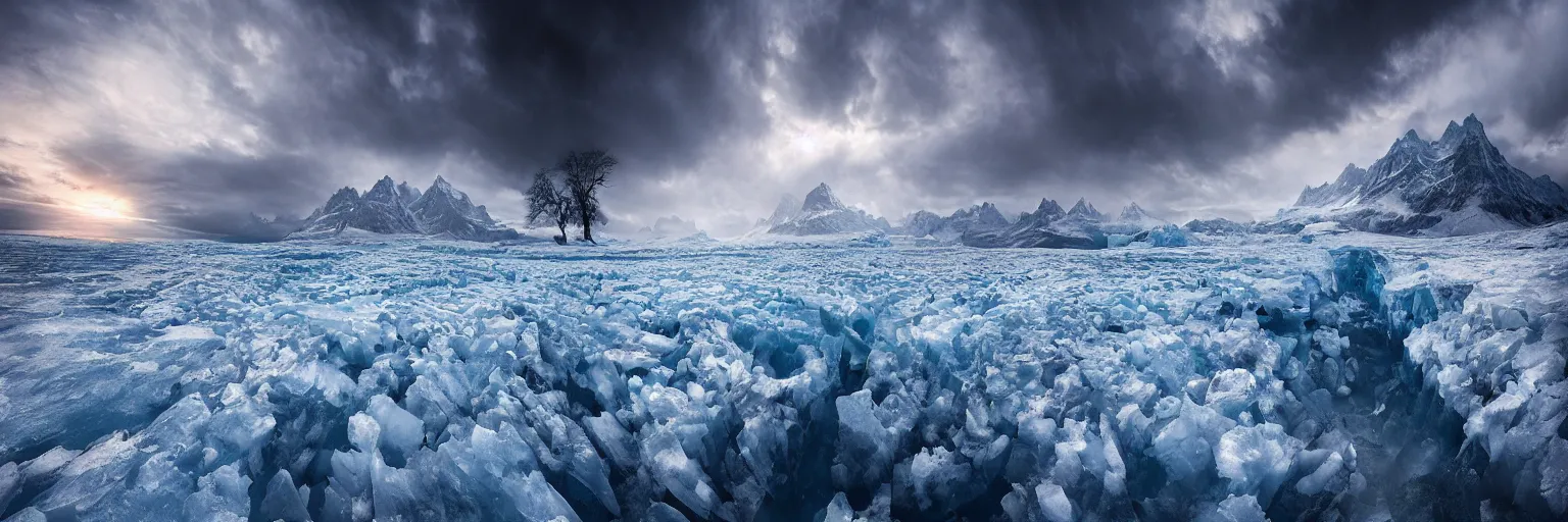 Prompt: amazing landscape photo of A gigantic monster trapped under the ice by marc adamus beautiful dramatic lighting