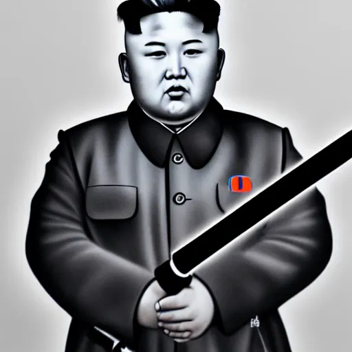 Prompt: a very detailed pencil drawing of kim jong un holding a lightsaber 4 k, high resolution, still, landscape, hd, dslr, hyper realistic, sketch