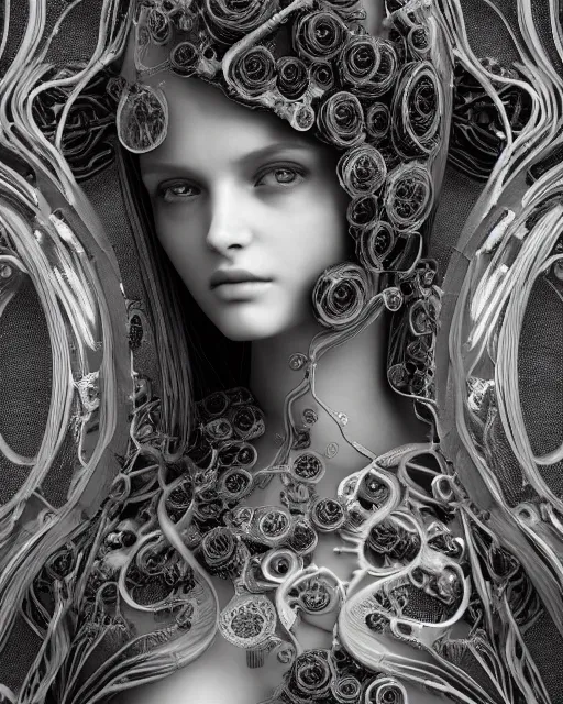 Image similar to mythical dreamy black and white organic bio - mechanical spinal ribbed profile face portrait detail of translucent steampunk beautiful female angelic - human - queen - vegetal - cyborg, highly detailed, intricate crystal ivy jelly ornate, poetic, translucent roses ornate, 3 d render, digital art, octane render, 8 k artistic photography, photo - realistic, by dora maar