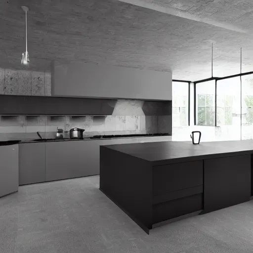 Image similar to brutalist house kitchen interior design ominous dark powerful giant open space high quality furniture octane render