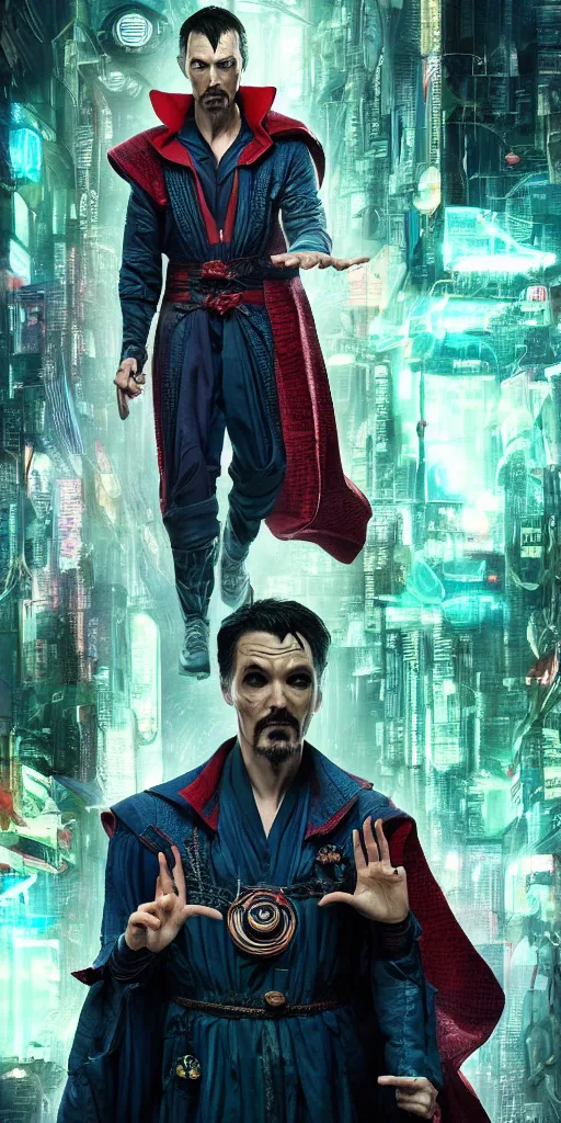 Image similar to cyberpunk, dr strange, photograph, cyborg, robot,, cinematic,