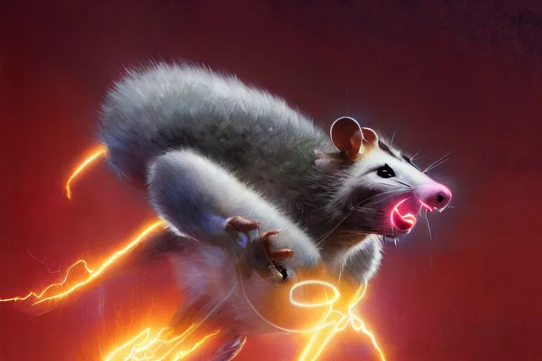 Image similar to a stunning digital painting of a opossum as the flash in spandex costume, running in the speedforce by greg rutkowski, volumetric light, digital art, fine detail, photorealistic