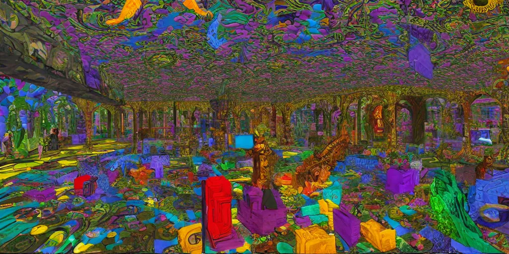 Image similar to liminal space virtual art museum in a 9 0's video game in the style of mc escher and heironymus bosch, colorful intricate masterpiece, hyper detailed, hd screenshot